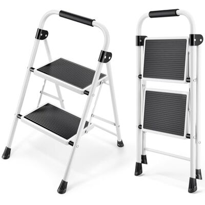 kingrack Opvouwbare trapladder met 2 treden met antislip en breed pedaal, kleine ladder met handgreep, robuuste stalen ladder, lichte en draagbare trapladder, wit kingrack Opvouwbare trapladder met 2 treden met antislip en breed pedaal, kleine ladder met handgreep, robuuste stalen ladder, lichte en draagbare trapladder, wit