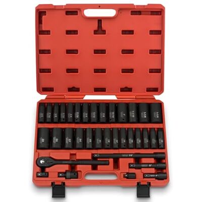 Neiko 02446A slagmoersleutelset 1/2 inch 35-delige set met diepe steeksleutels, SAE-standaardmaten (inch) en metrisch, inclusief ratelgreep en verlengstangen, Cr-V staal Neiko 02446A slagmoersleutelset 1/2 inch 35-delige set met diepe steeksleutels, SAE-standaardmaten (inch) en metrisch, inclusief ratelgreep en verlengstangen, Cr-V staal