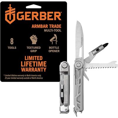 Gerber Gear Armbar Trade 8-in-1 multifunctioneel gereedschap, 6,3 cm lemmet, naaivoet, hamer, EDC-uitrusting en uitrusting, zilver Gerber Gear Armbar Trade 8-in-1 multifunctioneel gereedschap, 6,3 cm lemmet, naaivoet, hamer, EDC-uitrusting en uitrusting, zilver