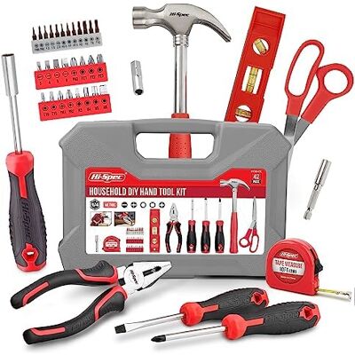 Hi-Spec Complete gereedschapskist rood, 42-delig, complete gereedschapsset met hamer, tang, schroevendraaier, ideaal voor knutselen en reparaties thuis Hi-Spec Complete gereedschapskist rood, 42-delig, complete gereedschapsset met hamer, tang, schroevendraaier, ideaal voor knutselen en reparaties thuis