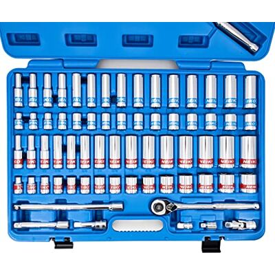 Neiko 02479A 1/2 inch monteur gekleurde ratel, dopsleutelset, 68 stuks standaard en diepe SAE-maten 3/8 inch tot 1-1/4 inch metrische maten 10 mm tot 24 mm gemaakt van CRV-staal voor reparatie Neiko 02479A 1/2 inch monteur gekleurde ratel, dopsleutelset, 68 stuks standaard en diepe SAE-maten 3/8 inch tot 1-1/4 inch metrische maten 10 mm tot 24 mm gemaakt van CRV-staal voor reparatie