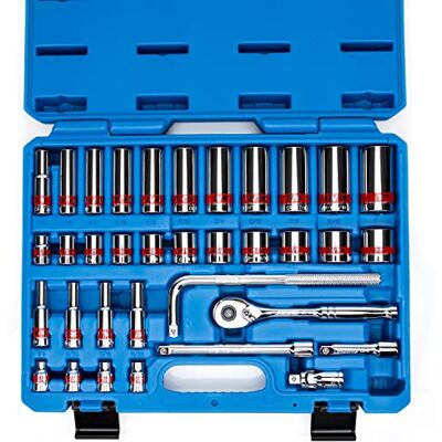 Neiko 02511A 3/8 inch dopsleutelset met snelsluitratel (90 tanden), 35-delig, SAE standaard en diepe maten, 1/4" tot 1", 6-punts, universele afdichting, 3/8" verlengstangen Neiko 02511A 3/8 inch dopsleutelset met snelsluitratel (90 tanden), 35-delig, SAE standaard en diepe maten, 1/4" tot 1", 6-punts, universele afdichting, 3/8" verlengstangen