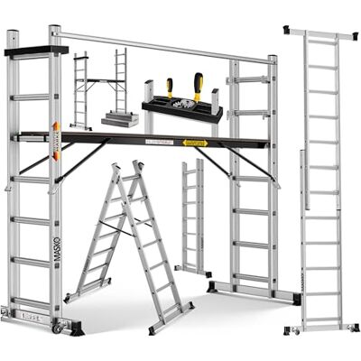 Masko Aluminium steiger, enkele ladder, vaste ladder, steiger, trapladder, werkplatform, belastbaar tot 150 kg, antislipcoating, GS-gecertificeerd (EN 131) Masko Aluminium steiger, enkele ladder, vaste ladder, steiger, trapladder, werkplatform, belastbaar tot 150 kg, antislipcoating, GS-gecertificeerd (EN 131)