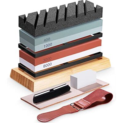FAOKZE 9-in-1 slijpsteen, dubbelzijdig 400/1000 en 3000/8000, professionele Whetstone messenslijper met antislip bamboebodem, leren hoekgeleiding FAOKZE 9-in-1 slijpsteen, dubbelzijdig 400/1000 en 3000/8000, professionele Whetstone messenslijper met antislip bamboebodem, leren hoekgeleiding