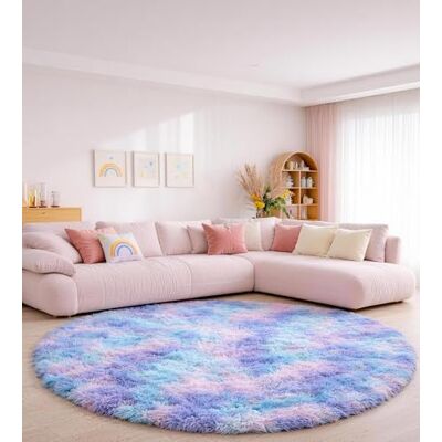 ROHATIM Rond pluizig tapijt voor slaapkamer en woonkamer, zacht meisjestapijt, modern en behaaglijk, blauw, paars, 100 x 100 cm ROHATIM Rond pluizig tapijt voor slaapkamer en woonkamer, zacht meisjestapijt, modern en behaaglijk, blauw, paars, 100 x 100 cm