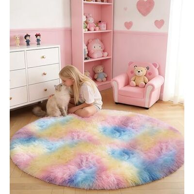 ROHATIM Rond pluchen tapijt voor slaapkamer, zacht tapijt voor woonkamer, moderne woonkamer, meisje, zacht en pluchen tapijt voor slaapkamer (regenboog, diameter 150 cm, rond) ROHATIM Rond pluchen tapijt voor slaapkamer, zacht tapijt voor woonkamer, moderne woonkamer, meisje, zacht en pluchen tapijt voor slaapkamer (regenboog, diameter 150 cm, rond)