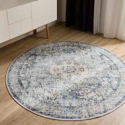 benuta Basic George Vloerkleed, woonkamer, blauw, 120 cm, rond, wasbaar, vintage, elegant, retro tapijt voor slaapkamer, hal, eetkamer benuta Basic George Vloerkleed, woonkamer, blauw, 120 cm, rond, wasbaar, vintage, elegant, retro tapijt voor slaapkamer, hal, eetkamer