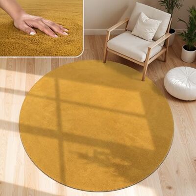 Paco Home Tapijt voor de woonkamer, effen, wasbaar, korte en zachte pool, afmetingen: 160 cm, rond, kleur: geel Paco Home Tapijt voor de woonkamer, effen, wasbaar, korte en zachte pool, afmetingen: 160 cm, rond, kleur: geel