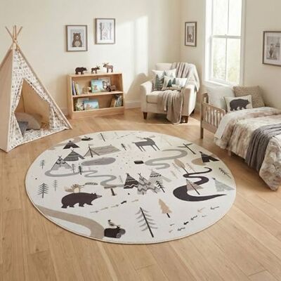 Carpetsale24 Vloerkleed voor kinderen, bos, dieren, rond, 120 cm, voor kinderkamer, in crème met diermotief, ideaal voor kleine speelhoeken Carpetsale24 Vloerkleed voor kinderen, bos, dieren, rond, 120 cm, voor kinderkamer, in crème met diermotief, ideaal voor kleine speelhoeken