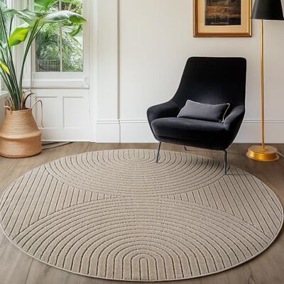 SIMPEX Vloerkleed, laagpolig, rond, 160 cm, beige, reliëfeffect, Skandi Boho tapijt voor woonkamer en slaapkamer, terras, balkon, binnen en buiten SIMPEX Vloerkleed, laagpolig, rond, 160 cm, beige, reliëfeffect, Skandi Boho tapijt voor woonkamer en slaapkamer, terras, balkon, binnen en buiten