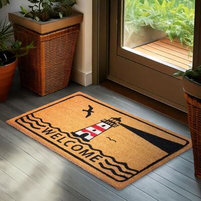 BRUBAKER Deurmat voor binnen en buiten, welkom met een vuurtoren, 45 x 75 cm, 100% kokosmat, waterdicht en antislip, voor deur, tuin en terras, maritieme stijl BRUBAKER Deurmat voor binnen en buiten, welkom met een vuurtoren, 45 x 75 cm, 100% kokosmat, waterdicht en antislip, voor deur, tuin en terras, maritieme stijl