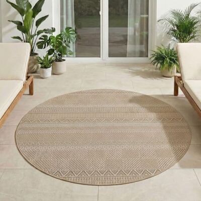Carpetsale24 Vloerkleed voor buiten, rond, 160 cm, beige, weerbestendig en uv-bestendig, tapijt voor terras, tuin, woonkamer, binnen en buiten, Scandinavische boho-stijl, robuust Carpetsale24 Vloerkleed voor buiten, rond, 160 cm, beige, weerbestendig en uv-bestendig, tapijt voor terras, tuin, woonkamer, binnen en buiten, Scandinavische boho-stijl, robuust