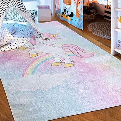 Mazovia Tapijt voor kinderkamer wasbaar tapijt met laagpolige print zacht tapijt voor slaapkamer antislip tapijt EMMA kindertapijt eenhoorn patroon veelkleurig roze 80 x 150 cm Mazovia Tapijt voor kinderkamer wasbaar tapijt met laagpolige print zacht tapijt voor slaapkamer antislip tapijt EMMA kindertapijt eenhoorn patroon veelkleurig roze 80 x 150 cm
