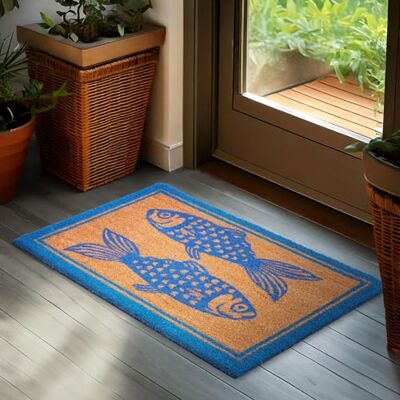 BRUBAKER Deurmat voor binnen en buiten, vissen, blauw, 45 x 75 cm, 100% kokosmat, waterdicht en antislip, voor deur, tuin en terras, bruin BRUBAKER Deurmat voor binnen en buiten, vissen, blauw, 45 x 75 cm, 100% kokosmat, waterdicht en antislip, voor deur, tuin en terras, bruin