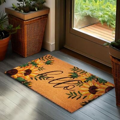 BRUBAKER Deurmat voor binnen en buiten, Hello met zonnebloemen, 45 x 75 cm, bloemen, vuilvangmat, 100% kokos, antislip, weerbestendig en antislip, voor BRUBAKER Deurmat voor binnen en buiten, Hello met zonnebloemen, 45 x 75 cm, bloemen, vuilvangmat, 100% kokos, antislip, weerbestendig en antislip, voor