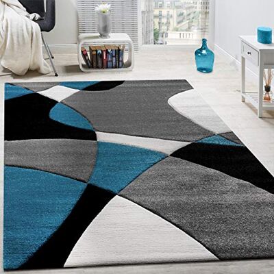 Paco Home Modern design tapijt, geometrische patroon, contour gesneden, in turkoois, grijs, zwart, afmeting: 160 x 230 cm Paco Home Modern design tapijt, geometrische patroon, contour gesneden, in turkoois, grijs, zwart, afmeting: 160 x 230 cm