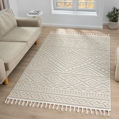 VIMODA Boho Vloerkleed Woonkamer Slaapkamer Scandinavische Franjes 3D Tapijt Wasbaar Kleur:Beige, Maat:200x290 cm VIMODA Boho Vloerkleed Woonkamer Slaapkamer Scandinavische Franjes 3D Tapijt Wasbaar Kleur:Beige, Maat:200x290 cm