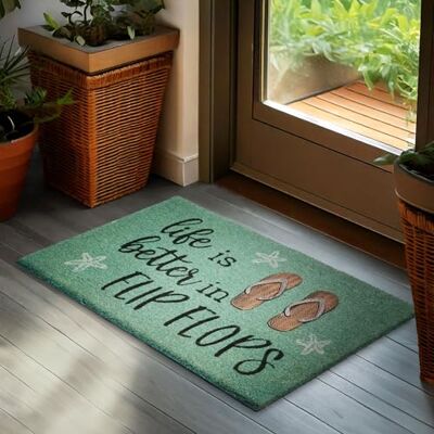 BRUBAKER Life is Better in Flip Flops deurmat voor binnen en buiten, 45 x 75 cm, antislip, weerbestendig, antislip, voor voordeur, turquoise BRUBAKER Life is Better in Flip Flops deurmat voor binnen en buiten, 45 x 75 cm, antislip, weerbestendig, antislip, voor voordeur, turquoise