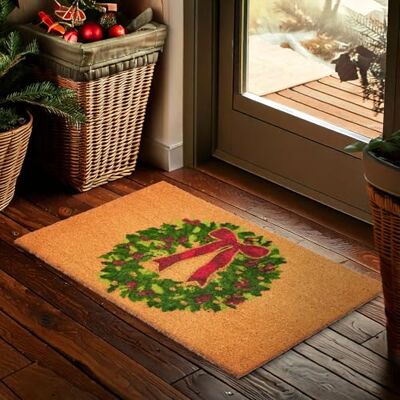 BRUBAKER Deurmat voor binnen en buiten, kerstkrans met strik, 45 x 75 cm, 100% kokosmat, waterdicht, vuilafstotend en antislip, voor huisdeur, tuin en terras BRUBAKER Deurmat voor binnen en buiten, kerstkrans met strik, 45 x 75 cm, 100% kokosmat, waterdicht, vuilafstotend en antislip, voor huisdeur, tuin en terras