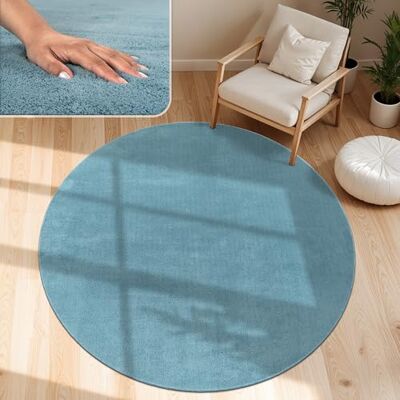 Paco Home Vloerkleed voor de woonkamer, effen, wasbaar, korte en zachte pool rond: 200 cm, turquoise Paco Home Vloerkleed voor de woonkamer, effen, wasbaar, korte en zachte pool rond: 200 cm, turquoise