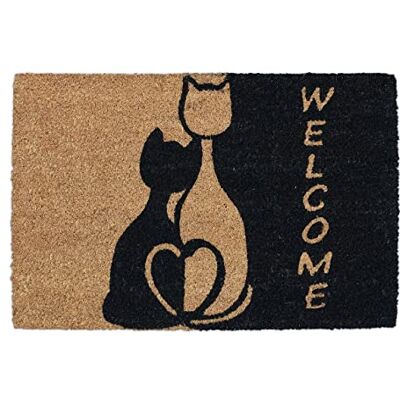 Relaxdays Kokosdeurmat, 60 x 40 cm, met katten en opschrift "Welcome", rubberen deurmat voor binnen en buiten, natuur/zwart Relaxdays Kokosdeurmat, 60 x 40 cm, met katten en opschrift "Welcome", rubberen deurmat voor binnen en buiten, natuur/zwart