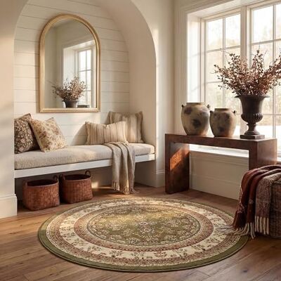SAFAVIEH Traditioneel tapijt voor woonkamer, eetkamer, slaapkamer, Lyndhurst-collectie, laagpolig, salie en ivoor, 120 x 120 cm SAFAVIEH Traditioneel tapijt voor woonkamer, eetkamer, slaapkamer, Lyndhurst-collectie, laagpolig, salie en ivoor, 120 x 120 cm