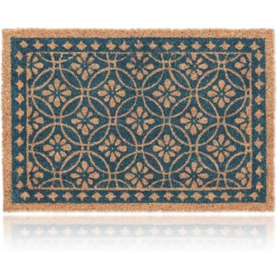 Relaxdays Kokosdeurmat, bloemenpatroon, deurmat voor binnen en buiten, met rubber, 60 x 40 cm, blauw/natuur Relaxdays Kokosdeurmat, bloemenpatroon, deurmat voor binnen en buiten, met rubber, 60 x 40 cm, blauw/natuur