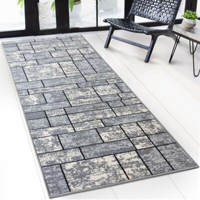 Floordirekt Loper met patroon, tapijt met fijne lussen op maat, voor keuken, hal, woonkamer, grijs Mannheim (80 x 400 cm) Floordirekt Loper met patroon, tapijt met fijne lussen op maat, voor keuken, hal, woonkamer, grijs Mannheim (80 x 400 cm)