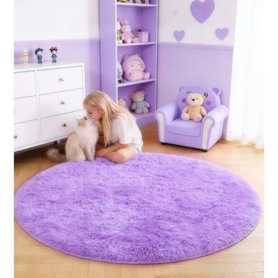 VOFUSHON Shaggy tapijt voor slaapkamer, rond, pluche, meerkleurige batik, kunstfluweel, modern, lang haar, bont-look, comfortabel, 100 x 100 cm, paars VOFUSHON Shaggy tapijt voor slaapkamer, rond, pluche, meerkleurige batik, kunstfluweel, modern, lang haar, bont-look, comfortabel, 100 x 100 cm, paars