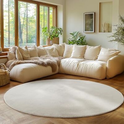 SIMPEX Rond tapijt, crèmekleurig, 200 cm, laagpolig tapijt, wasbaar, rond, antislip en zacht, modern effen design, voor woonkamer, slaapkamer, keuken en kinderkamer SIMPEX Rond tapijt, crèmekleurig, 200 cm, laagpolig tapijt, wasbaar, rond, antislip en zacht, modern effen design, voor woonkamer, slaapkamer, keuken en kinderkamer