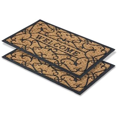 Astra Antislipmat voor buiten, weerbestendig, entreemat van rubber en kokos, schoonloopmat, set van 2, 45 x 75 cm, Relief Welcome Astra Antislipmat voor buiten, weerbestendig, entreemat van rubber en kokos, schoonloopmat, set van 2, 45 x 75 cm, Relief Welcome