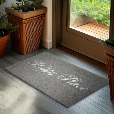 BRUBAKER Happy Place Deurmat voor binnen en buiten, 45 x 75 cm, 100% kokosmat, waterdicht en antislip, met fonkelende opschrift, voor huis- en terrasdeur, grijs BRUBAKER Happy Place Deurmat voor binnen en buiten, 45 x 75 cm, 100% kokosmat, waterdicht en antislip, met fonkelende opschrift, voor huis- en terrasdeur, grijs