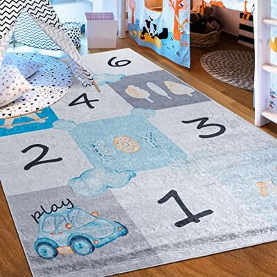 Mazovia Tapijt voor kinderkamer wasbaar tapijt met laagpolige print zacht tapijt voor slaapkamer antislip tapijt EMMA kindertapijt boerderijdiermotief blauwgrijs 140 x 200 cm Mazovia Tapijt voor kinderkamer wasbaar tapijt met laagpolige print zacht tapijt voor slaapkamer antislip tapijt EMMA kindertapijt boerderijdiermotief blauwgrijs 140 x 200 cm