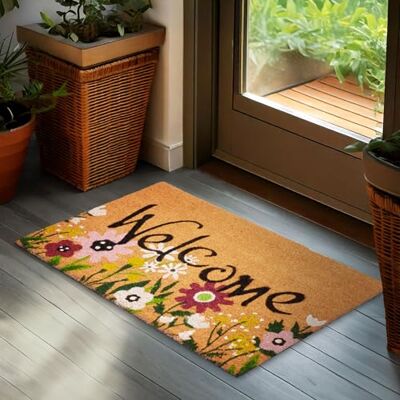 BRUBAKER Deurmat voor binnen en buiten, Welcome met bloemenweide, 45 x 75 cm, 100% kokosvezel, weerbestendig en antislip, met bloemendesign BRUBAKER Deurmat voor binnen en buiten, Welcome met bloemenweide, 45 x 75 cm, 100% kokosvezel, weerbestendig en antislip, met bloemendesign