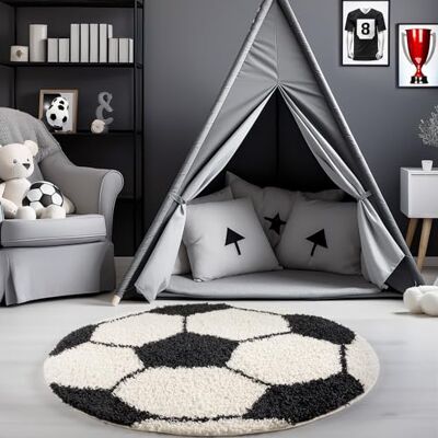 Carpetsale24 Kindertapijt, rond, zwart, wit, voetbalvorm, hoogpolig, voor kinderkamer, maat 100 cm, rond Carpetsale24 Kindertapijt, rond, zwart, wit, voetbalvorm, hoogpolig, voor kinderkamer, maat 100 cm, rond