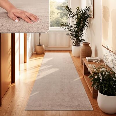 Paco Home Vloerkleed voor de woonkamer, effen, wasbaar, korte en zachte pool, afmetingen: 80 x 300 cm, kleur: beige Paco Home Vloerkleed voor de woonkamer, effen, wasbaar, korte en zachte pool, afmetingen: 80 x 300 cm, kleur: beige