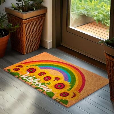 BRUBAKER Deurmat voor binnen en buiten, welkom met zonnebloemen en een regenboog, 45 x 75 cm, 100% kokosmat, waterdicht en antislip, voor huis- en terrasdeur BRUBAKER Deurmat voor binnen en buiten, welkom met zonnebloemen en een regenboog, 45 x 75 cm, 100% kokosmat, waterdicht en antislip, voor huis- en terrasdeur