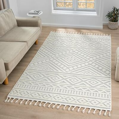 VIMODA Boho Vloerkleed Woonkamer Slaapkamer Scandinavische Franjes 3D Tapijt Wasbaar Kleur:Crème, Maat:200x290 cm VIMODA Boho Vloerkleed Woonkamer Slaapkamer Scandinavische Franjes 3D Tapijt Wasbaar Kleur:Crème, Maat:200x290 cm
