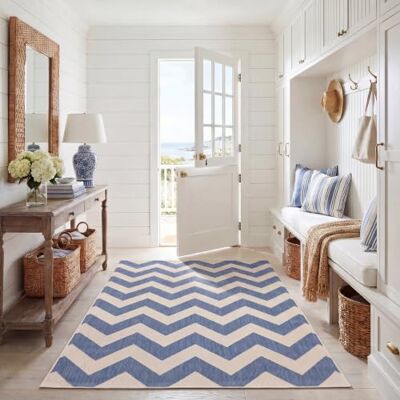 SAFAVIEH Tapijt voor binnen en buiten, gestreept, chevron, geweven, polypropyleen, tapijt in blauw/beige, 120 x 180 cm SAFAVIEH Tapijt voor binnen en buiten, gestreept, chevron, geweven, polypropyleen, tapijt in blauw/beige, 120 x 180 cm