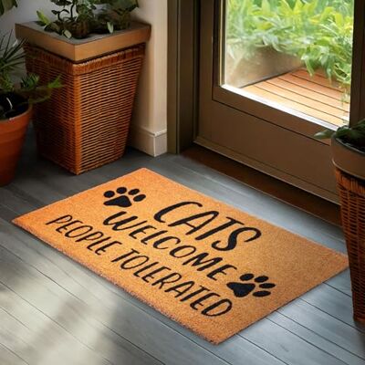 BRUBAKER Deurmat voor binnen en buiten – Cats Welcome, People Tolerated, 45 x 75 cm, 100% kokosmat, waterdicht, vuilwerend en antislip, voor kattenbezitters BRUBAKER Deurmat voor binnen en buiten – Cats Welcome, People Tolerated, 45 x 75 cm, 100% kokosmat, waterdicht, vuilwerend en antislip, voor kattenbezitters