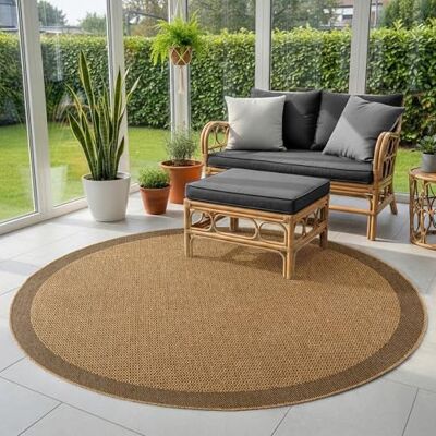 SIMPEX Vloerkleed voor buiten, rond, 160 cm, weerbestendig, onderhoudsvriendelijk, natuurlijke jute-look, design, rand voor terras, tuin, woonkamer, eetkamer SIMPEX Vloerkleed voor buiten, rond, 160 cm, weerbestendig, onderhoudsvriendelijk, natuurlijke jute-look, design, rand voor terras, tuin, woonkamer, eetkamer