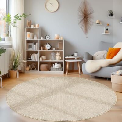 HomebyHome Duurzaam en robuust woonkamertapijt, beige, 160 cm, rond, laagpolig, decoratief tapijt voor slaapkamer, gemêleerde structuur, modern, krullend keukentapijt HomebyHome Duurzaam en robuust woonkamertapijt, beige, 160 cm, rond, laagpolig, decoratief tapijt voor slaapkamer, gemêleerde structuur, modern, krullend keukentapijt