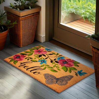 BRUBAKER Deurmat voor binnen en buiten, 3D-vlinder met bloemen en Hello, 45 x 75 cm, antislip, weerbestendig en antislip, voor voordeur BRUBAKER Deurmat voor binnen en buiten, 3D-vlinder met bloemen en Hello, 45 x 75 cm, antislip, weerbestendig en antislip, voor voordeur