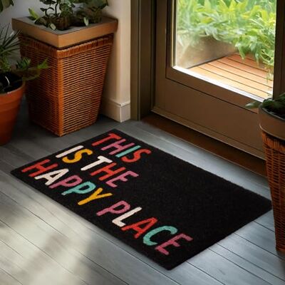 BRUBAKER Deurmat voor binnen en buiten, This is My Happy Place, 45 x 75 cm, antislip, voor voordeur, camping, tuin, weerbestendig, antislip, zwart BRUBAKER Deurmat voor binnen en buiten, This is My Happy Place, 45 x 75 cm, antislip, voor voordeur, camping, tuin, weerbestendig, antislip, zwart