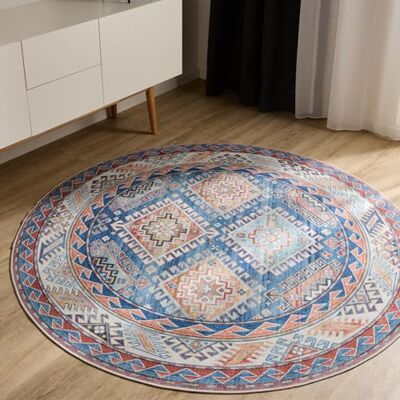 benuta Basic George Vloerkleed, woonkamer, blauw, 120 cm, rond, wasbaar, vintage, elegant, retro tapijt voor slaapkamer, hal, eetkamer benuta Basic George Vloerkleed, woonkamer, blauw, 120 cm, rond, wasbaar, vintage, elegant, retro tapijt voor slaapkamer, hal, eetkamer