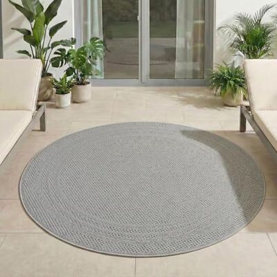 Carpetsale24 Rond vloerkleed voor buiten, 160 cm, grijs, weerbestendig en uv-bestendig, tapijt voor terras, tuin, woonkamer, binnen en buiten, effen design met robuuste rand Carpetsale24 Rond vloerkleed voor buiten, 160 cm, grijs, weerbestendig en uv-bestendig, tapijt voor terras, tuin, woonkamer, binnen en buiten, effen design met robuuste rand