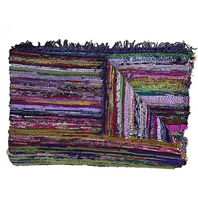 Aakriti Gallery Indisch Chindi tapijt Handgemaakt met gerecyclede veelkleurige stoffen uiteinden Decoratief tapijt in boho-stijl 150 x 90 cm Blauw Aakriti Gallery Indisch Chindi tapijt Handgemaakt met gerecyclede veelkleurige stoffen uiteinden Decoratief tapijt in boho-stijl 150 x 90 cm Blauw