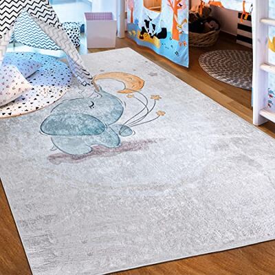 Mazovia Tapijt voor kinderkamer wasbaar tapijt met laagpolige print zacht tapijt voor slaapkamer antislip tapijt EMMA kindertapijt olifant motief beige crème blauw 140 x 200 cm Mazovia Tapijt voor kinderkamer wasbaar tapijt met laagpolige print zacht tapijt voor slaapkamer antislip tapijt EMMA kindertapijt olifant motief beige crème blauw 140 x 200 cm