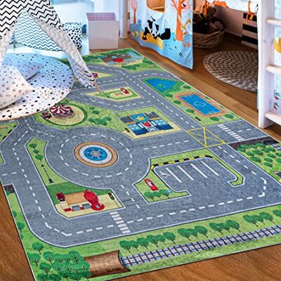 Mazovia Tapijt voor kinderkamer wasbaar tapijt met laagpolige print zacht tapijt voor slaapkamer antislip tapijt EMMA kindertapijt stad en straat motief veelkleurig groen 160 x 230 cm Mazovia Tapijt voor kinderkamer wasbaar tapijt met laagpolige print zacht tapijt voor slaapkamer antislip tapijt EMMA kindertapijt stad en straat motief veelkleurig groen 160 x 230 cm