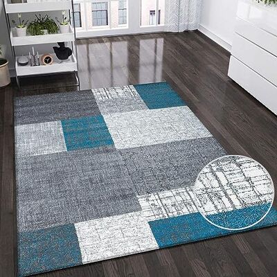 VIMODA Modern woonkamertapijt in turquoise, grijs en wit met laagpolige ruitlook, afmetingen: 120 x 170 cm VIMODA Modern woonkamertapijt in turquoise, grijs en wit met laagpolige ruitlook, afmetingen: 120 x 170 cm